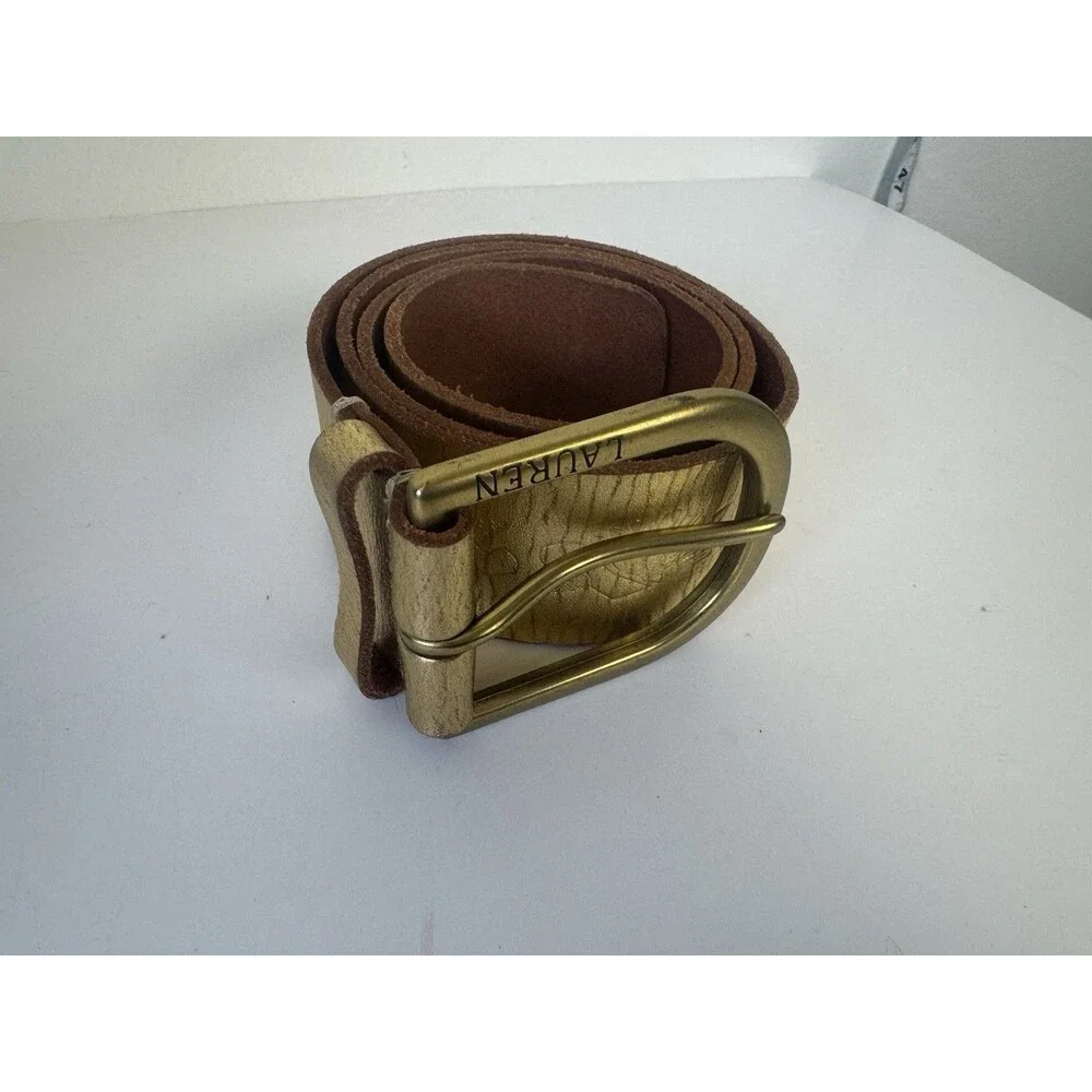 Lauren Ralph Lauren Gold Leather Belt Embossed Wide Waist Belt Women’s